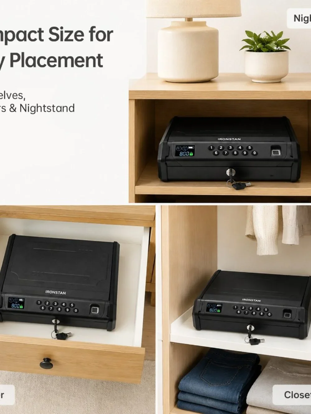 Gun Safe with 3 Unlock Ways - Fingerprint/Digital PIN/Key, LCD Display
